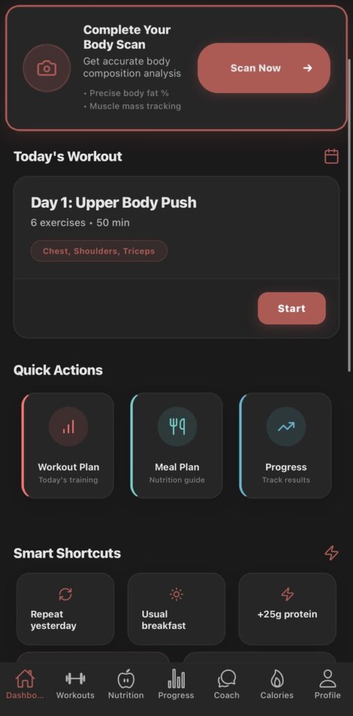 Chiseled dashboard with body scan prompt, today's workout, and quick actions