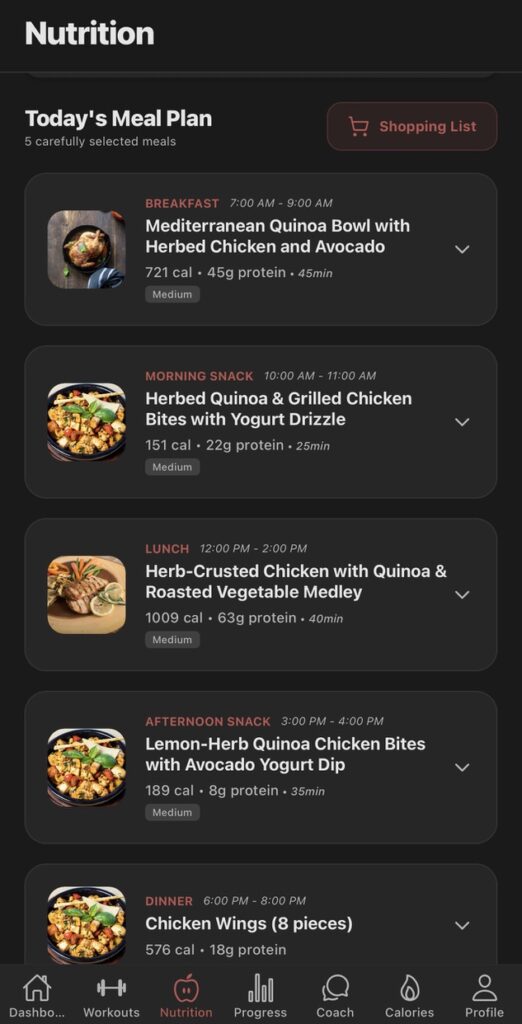 Chiseled nutrition screen with an AI-generated daily meal plan